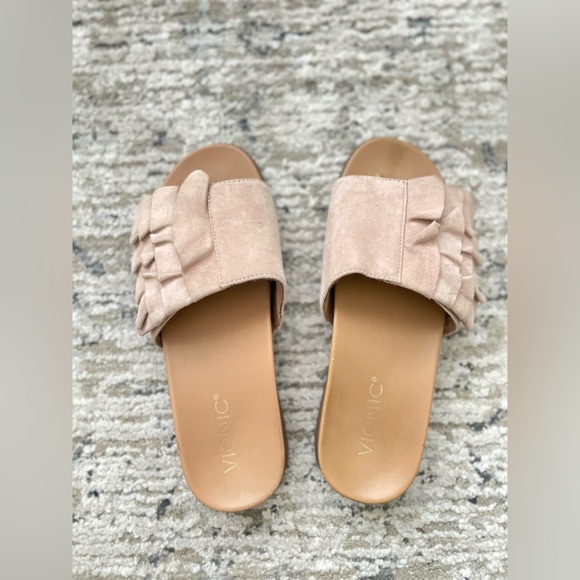 Vionic Roni Rose Suede Orthotic Slide Sandals Size 7.5 Ruffled Boho Comfort - Picture 5 of 8